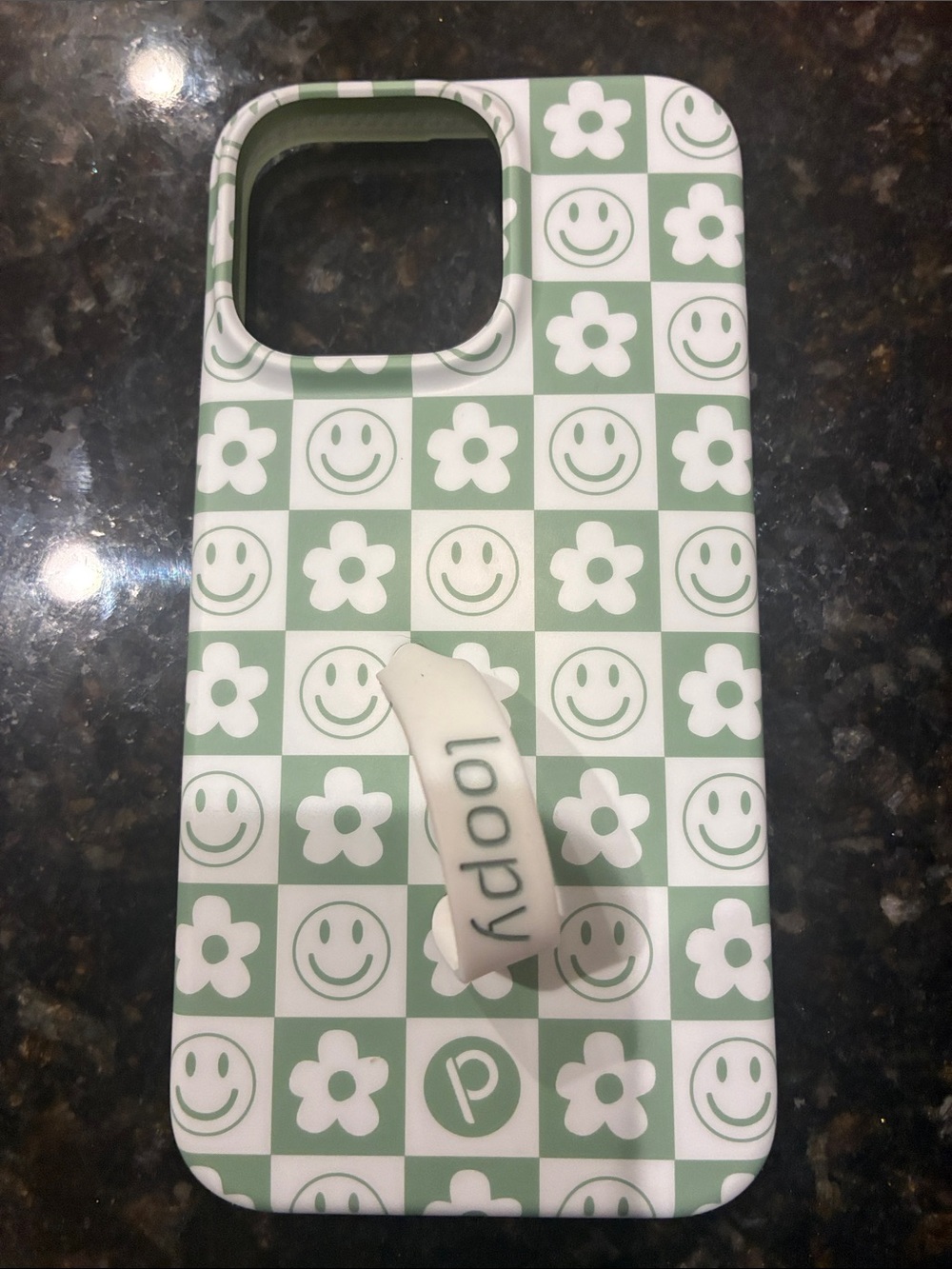 Loopy Green & White Smiley Flower Checkered iPhone 14 Pro Max Case with Loop